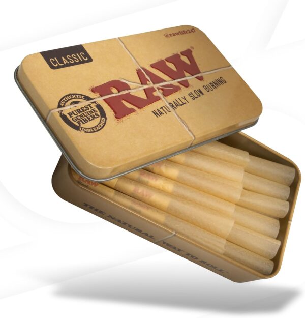RAW Classic Pre-Rolled Papers 84mm Packed Inside a RAW Metal Tin Container with Packing Tubes | 20 Pack |