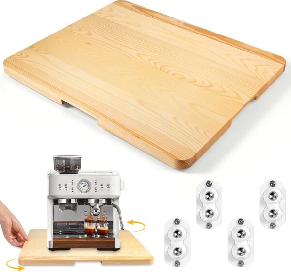 360° Appliance Sliding Tray for Coffee Maker, Bamboo Rolling Tray with Universal Wheels, Heavy Duty Countertop Slider Mat for Kitchen Appliances, 13” x 16”