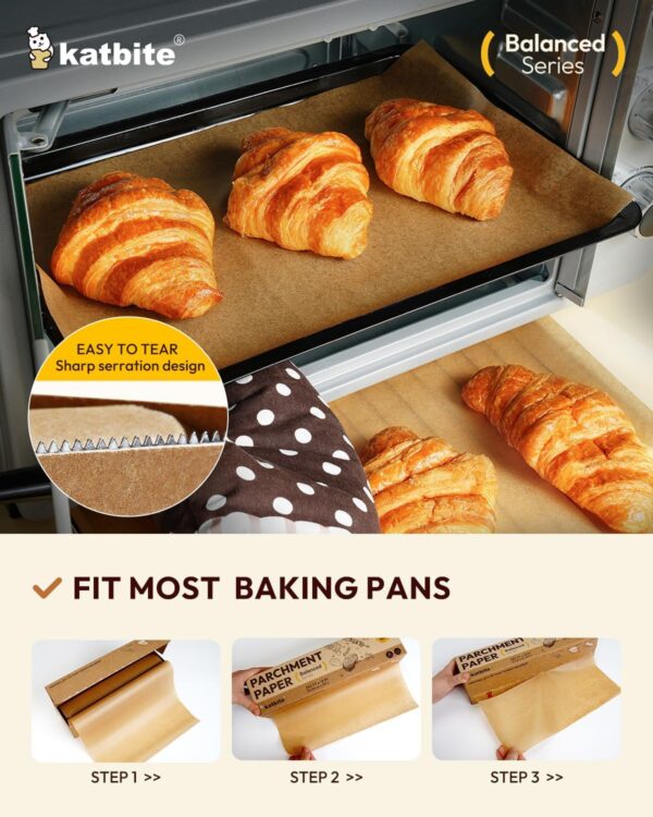 Katbite 12in x 262ft Unbleached Parchment Paper Roll, 260 Sq.Ft, Balanced Series, Non-Stick, Extra Long Parchment Baking Paper with Portable Serrated Cutter for Baking, Cooking [Balanced Series] - Image 4