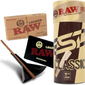 RAW Classic 1-1/4 Slow Burning Pre-Rolled Cones - 50 Pack and Cone Loader - Bundle
