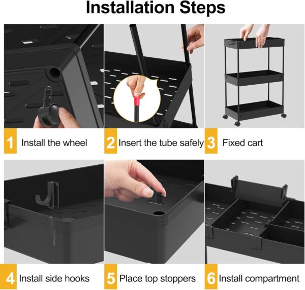 SPACELEAD 3 Tier Rolling Cart with Wheels, Storage Craft Art Trolley Organizer Serving, 3 Hanging Baskets Easy Assembly, for Office, Living Room, Kitchen, Black - Image 10