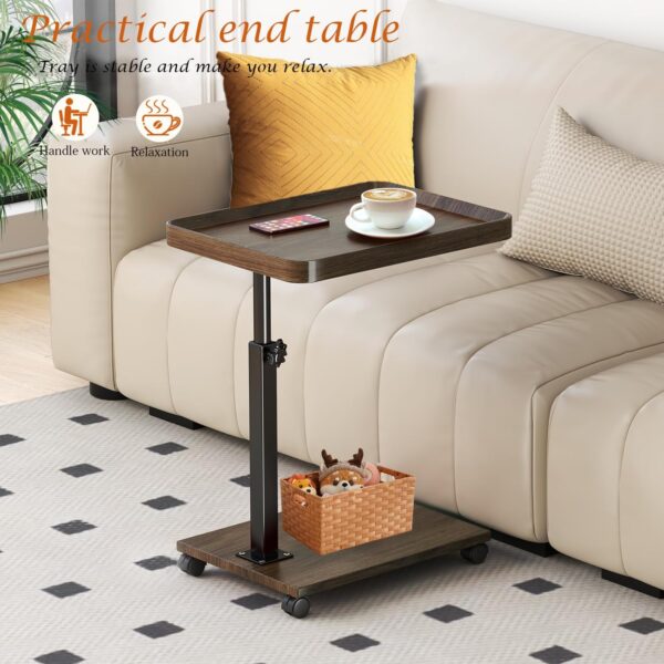 C Table End Table Adjustable Height, 360°Swivel TV Tray Table for Small Spaces, Couch Tables That Slide Under, C Shaped Side Tables with Wheels for Living Room and Bedroom, Bed - Image 3