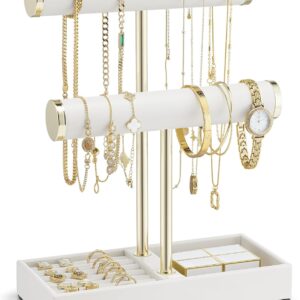 Vlando 2 Tier Bracelet Holder 0rganizer with Tray - Leather Jewelry Stand Organizer for Women - Jewelry Holder Display for Necklace, Watches, Rings, Earrings, Bangle, Scrunchie - White