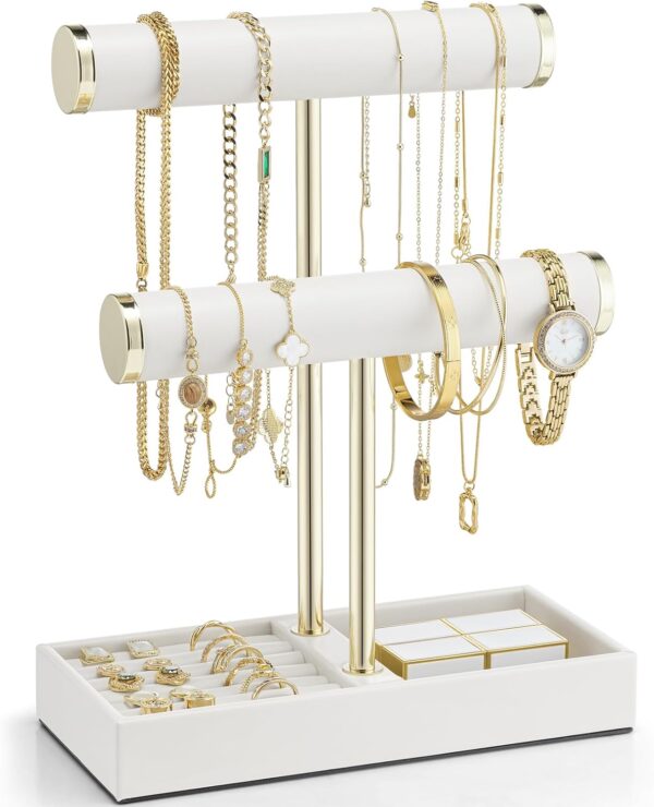 Vlando 2 Tier Bracelet Holder 0rganizer with Tray - Leather Jewelry Stand Organizer for Women - Jewelry Holder Display for Necklace, Watches, Rings, Earrings, Bangle, Scrunchie - White