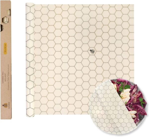SUPERBEE Beeswax Wrap Roll XL, Reusable Beeswax Wrap for Food, Wrap Roll, Reusable Bees Wrap Paper for Wrapping Vegetables, Cheese Paper, Bowl Covers and Sandwich Wrapping Paper, Hexagonia - 35x13"