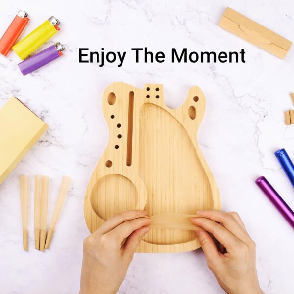 Bamboo Rolling Tray, Large Cigarette Tray, Decorative Tray with Rolling Paper Grinder Cigarette Slot(Guitar - 9.06'' x 7.29'') - Image 3