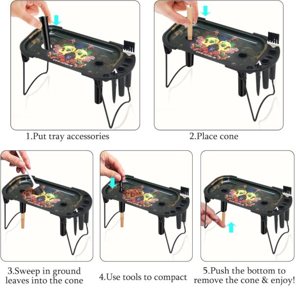 Metal Rolling Tray with Cone Loader Set 8.5 x 3.8 Inch, for King Size and 1 1/4 Size Cones Rolling Paper, Pre Roll Machine, Foldable Stand Rolling Table with Cone Filler, Brush, Tools - Image 2