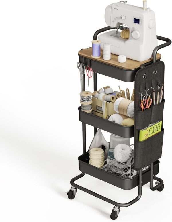 DTK 3 Tier Metal Utility Rolling Cart with Table Top and Side Bags, Tray Storage Organizer Wheels, Art Craft 4 Hooks for Kitchen Bathroom Office Living Room (Black) - Image 9