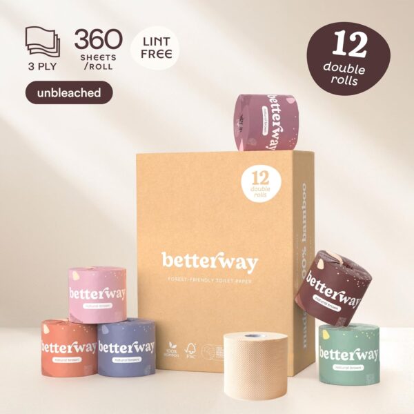 Betterway Unbleached Bamboo Toilet Paper Rolls - Eco-Friendly 3 Ply Toilet Tissue - 12 Double Rolls - 360 Sheets/Roll - Organic, FSC Certified, Septic Safe TP - Lint-Free, PFA-Free Bath Tissue - Image 6