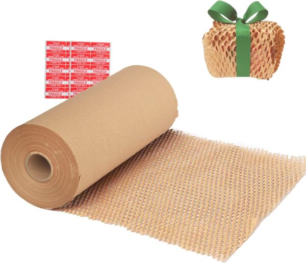 Honeycomb Packing Paper Wrap 15"x400' Sustainable Alternative to Bubble Cushioning Wrap Biodegradable & Fully Recylable for Moving/Shipping/Packing Roll with 20 Fragile Stickers