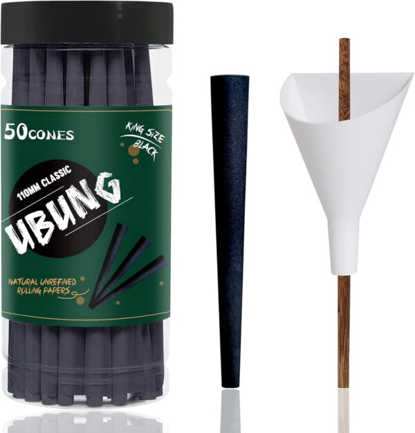 UBUNG King Size Black Pre Rolled Cones, 50 Pcs with Tips, 108mm Slow Type Black Rolling Papers, Includes Cone Loader and Push Rod
