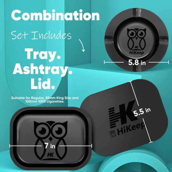 Rolling Tray with PVC Soft Magnetic Lid - 7 x 5.5'', Ashtray - 5.8 x 5.8'' - Set of 3 (Owl Design) - Image 3