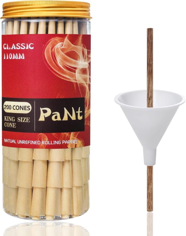 King Size Pre-Rolled Cones | 200 Pack | 110 mm Slow Type Brown Rolling Papers With Tips | Includes Cone Loader