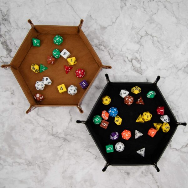 SIQUK 2-Piece Dice Tray - PU Leather Folding Hexagon Dice Holder for RPG, DND and Other Table Games (Camel and Black) - Image 6