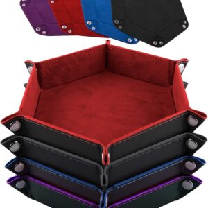 SIQUK 4 Pieces Dice Tray Set Foldable Dice Trays Hexagon Dice Rolling Tray PU Leather Dice Holder for Dice Games Like RPG, DND and Other Table Games (Red, Black, Blue and Violet)