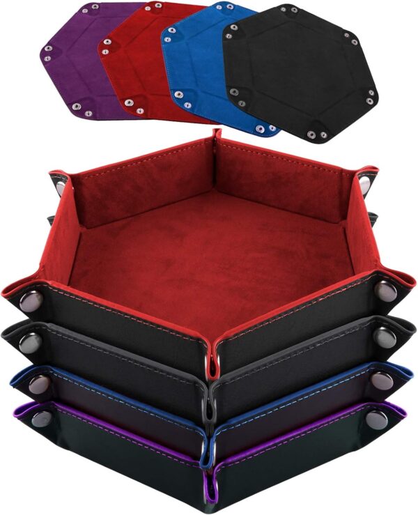 SIQUK 4 Pieces Dice Tray Set Foldable Dice Trays Hexagon Dice Rolling Tray PU Leather Dice Holder for Dice Games Like RPG, DND and Other Table Games (Red, Black, Blue and Violet)