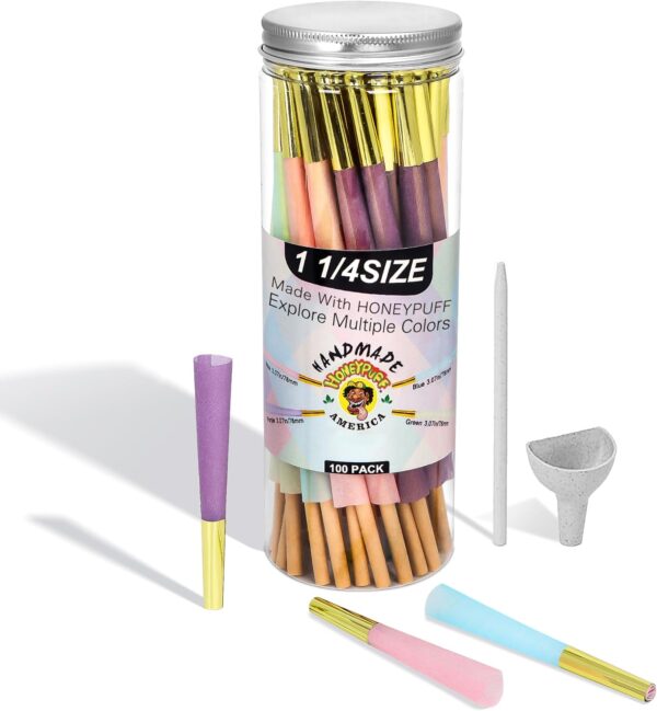 100 PACK Colorful Pre Rolled Cones With Golden Tips, 1 ¼ Size Rainbow Preroll Cones Rolling Papers(Include Loader and Packing Sticks)