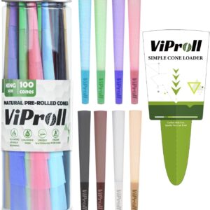 Colorful Pre Rolled Cones King Size 100 Pack, Natural Unbleached Cones Rolling Paper with W-shaped Tips, Slow & Even Burning Preroll Cones Packing Tubes Included for Party Gift (109mm)