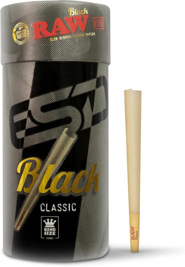 RAW Black Cones King Size - 100 Pack - Slow Burning Pre Rolled Cones Pressed Extra Fine for Thin, Naturally Translucent Paper with Tips & Packing Tubes Included