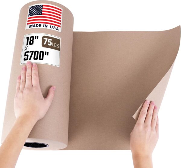 18" x 5700" (475 feet) Natural Brown Kraft Paper Roll, 75 Lb Extra Heavy-Duty (Grocery Bag Grade) – Made in USA Large Size Roll of Brown Wrapping Paper, 3-inch Core – for Packaging, Shipping