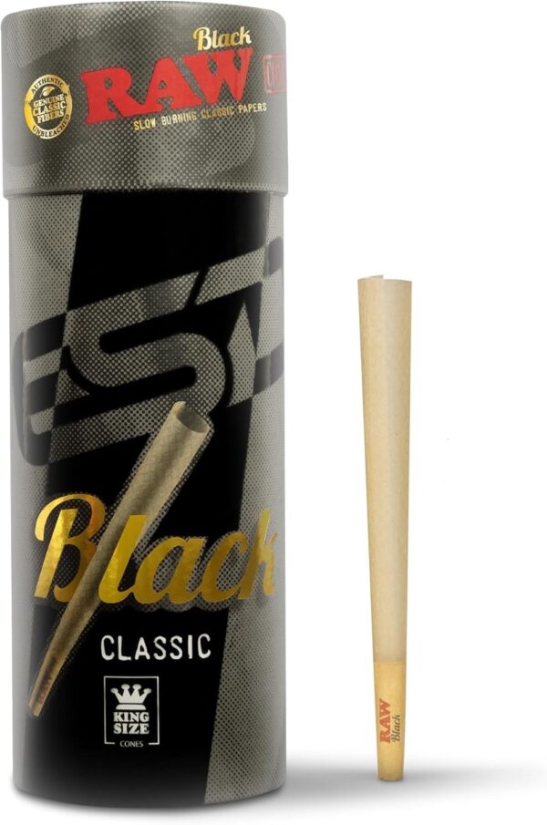 RAW Black Cones King Size - 50 Pack - Slow Burning Pre Rolled Cones - Rolling Paper Pressed Extra Fine for Thin, Naturally Translucent Paper with Tips & Packing Tubes Included