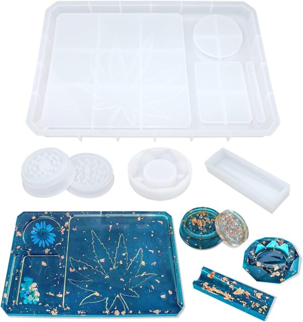 5 PCS Resin Molds Silicone Molds for Epoxy Resin with Large Rolling Tray Mold and Grinder Mold for Grind and Storage DIY Resin Casting