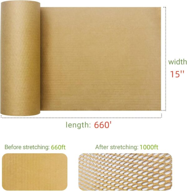 Dish Packing Kit Moving Supplies 15" x660' Honeycomb Wrapping Paper, Large Recyclable Expandable Bubble Cushion Wrap Roll Packing Material for Fragile Items Breakables Plate Glassware Bottle, 80GSM - Image 6