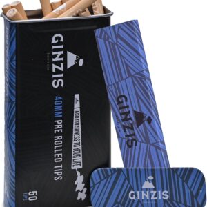 50 Ginzis Slim Rolling Kit - Filter Tips for Rolling Papers & Pre Rolls, 40mm Long Cardboard Filters & 109x33mm Narrow Rolling Papers in Durable Metal Tin Box for Smoother & Cleaner Experience, Black