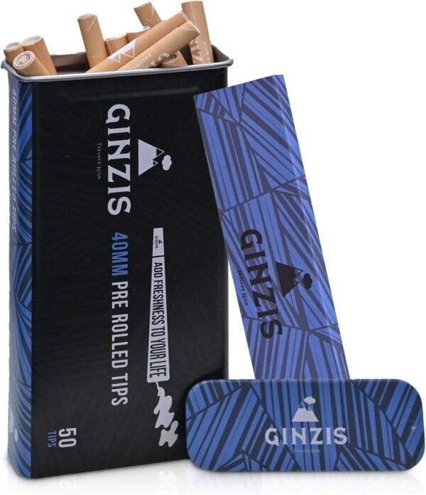 50 Ginzis Slim Rolling Kit - Filter Tips for Rolling Papers & Pre Rolls, 40mm Long Cardboard Filters & 109x33mm Narrow Rolling Papers in Durable Metal Tin Box for Smoother & Cleaner Experience, Black