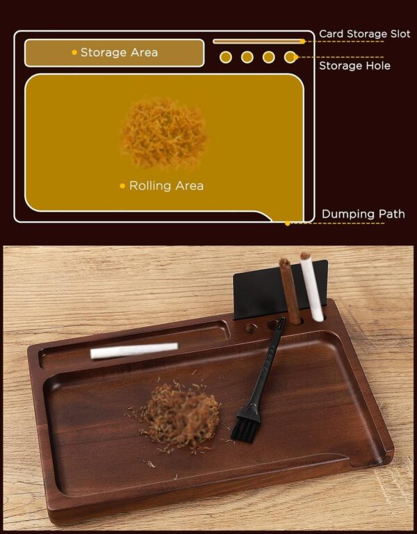 Walnut Rolling Tray 11"x7" Tray Rolling Tray Set with Funnel *4, Cleaning Brush and Scoop Card - Accessories for Rolling Papers, Grinders - Tray with Smooth Rounded Edges - Image 3