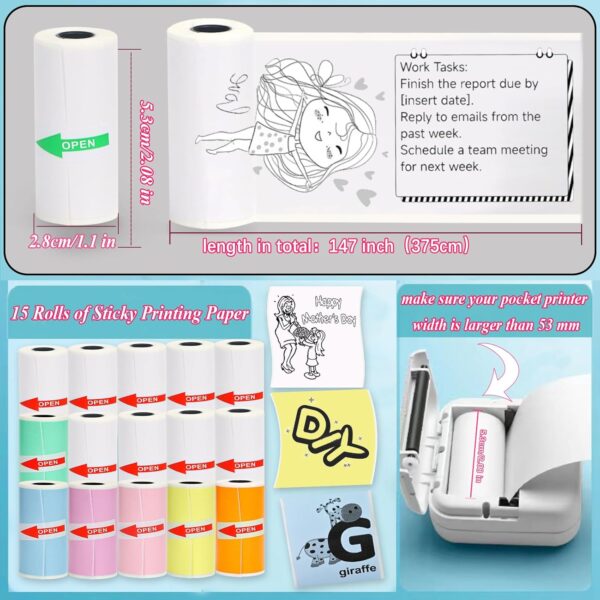 15 Rolls Thermal Sticker Paper 53x28mm for Phomemo T02/M02/M02S/PRO Mini Printers, 3.75m Mini Colorful Self-adhesive Mini Printer Paper for Memoking Mini Printer, Study Notes, Journals, Photos - Image 4