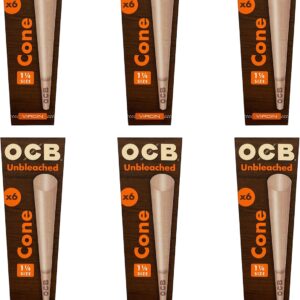 OCB Virgin 1 1/4 Size Cones ~ 6 Packs of 6 ~ (36 Cones Total) Unbleached Pre Rolled Rolling Papers with Tips ~ Includes American Rolling Club Tube