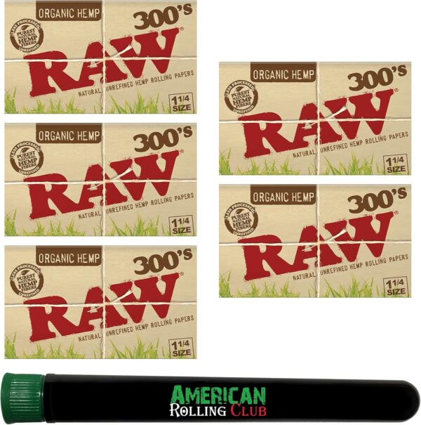 RAW Organic 300's 1 1/4 Size Cigarette Papers | Includes ARC Saver Tube (5 Pack)