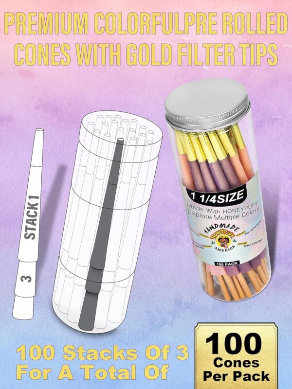 100 PACK Colorful Pre Rolled Cones With Golden Tips, 1 ¼ Size Rainbow Preroll Cones Rolling Papers(Include Loader and Packing Sticks) - Image 2