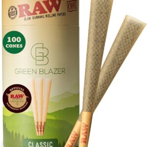 RAW Cones 1 1/4 Size: 100 Pack Patented Slow Burning Pre Rolled Rolling Papers & Tips, Classic Raw Paper, 84mm