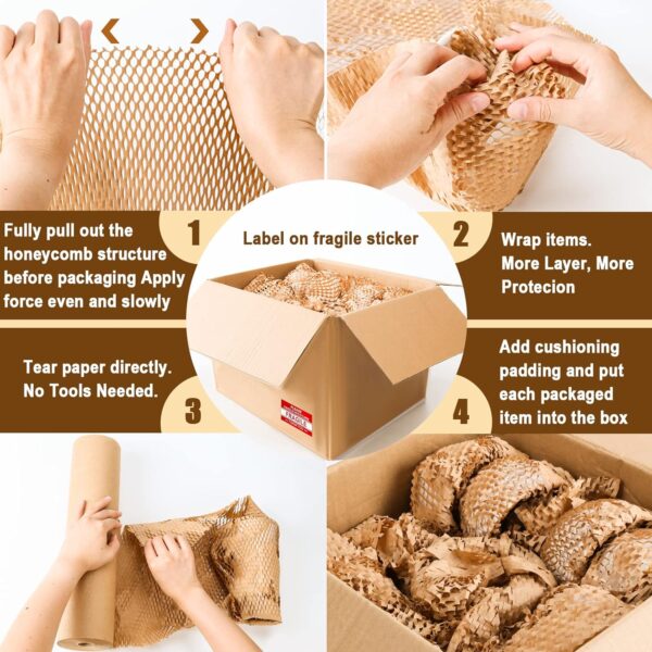 Honeycomb Packing Paper, 15" x 180' Recyclable Cushion Packing Paper for Moving Shipping Packaging Breakables, Eco Friendly Bubble Wrap Alternative Roll Kraft Honeycomb Paper with 20 Fragile Stickers - Image 5