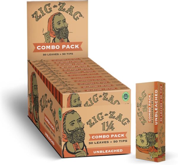 ZIG-ZAG Rolling Paper Combo Unbleached - 1 1/4 Size - 24 Pack (50 Sheets & Tips) - Slow Burning Rolling Papers with Filter Tips