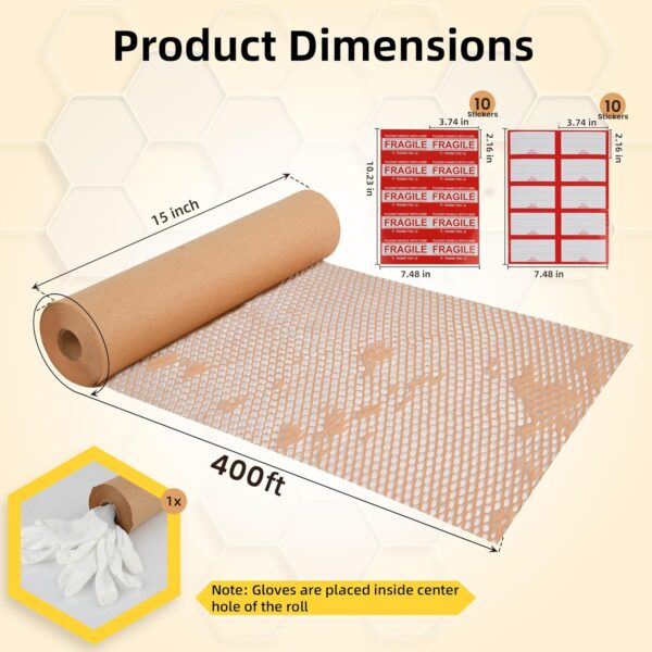 Honeycomb Packing Paper 15"x400' Roll with Fragile & Labelling Stickers, Gloves - Eco-Friendly Packing Paper Sheets for Moving Roll | Honeycomb Paper | Packing Bubble Wrap for Moving Supplies - Image 2