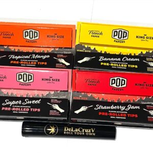 POP King Size Cigarette Rolling paper with Pre-rolle-tips, Mix Flavor (super sweet, banana cream, tropical mango, strawberry), with DeLaCruzV tube.
