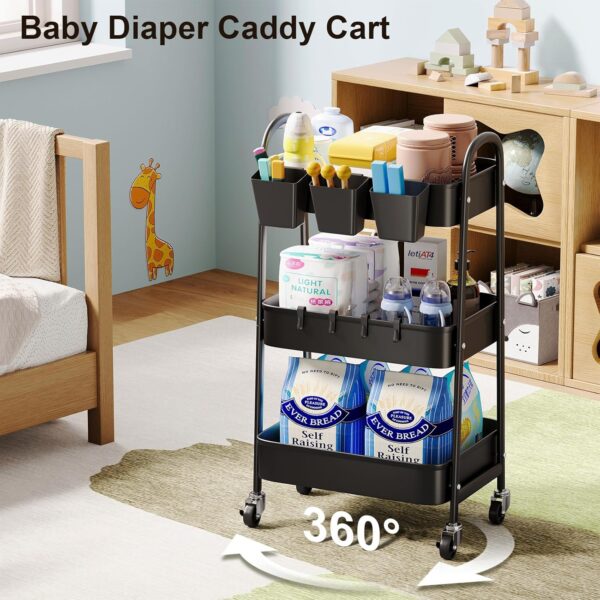3 Tier Black Metal Rolling Cart with Lockable Wheels and Cups, Three Tiered Utility Storage Organizer on Wheels for Bathroom, Kitchen, Laundry, Garage, Office, Craft, Art, Baby Diaper, Snacks, Books - Image 4