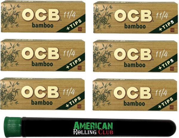 OCB Bamboo Rolling Papers ~ 1-1/4 + Tips ~ 6 Pack ~ Includes American Rolling Club Tube