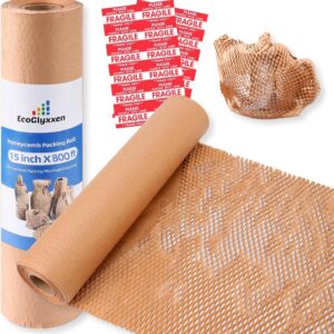 Honeycomb Packing Paper 15"Wx50'L-Bubble Wrap Substitute Alternative for Shipping, Moving Supplies, Small Business Packaging, Packing Boxes & Gifts Wrapping Paper with 20 Fragile Stickers