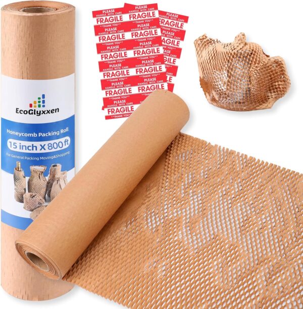Honeycomb Packing Paper 15"Wx50'L-Bubble Wrap Substitute Alternative for Shipping, Moving Supplies, Small Business Packaging, Packing Boxes & Gifts Wrapping Paper with 20 Fragile Stickers