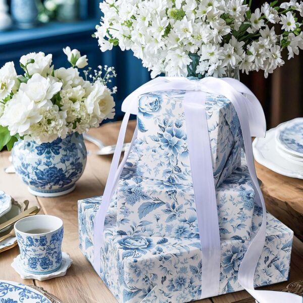 BIOBROWN Floral Wrapping Paper Jumbo Roll - 30 Inch X 33 Feet (82.5 sq. ft. ttl.) Blue White Peony Design Chinoiserie Gift Wrap Stone Paper for Wedding, Bridal Shower, Mother's Day - Image 4