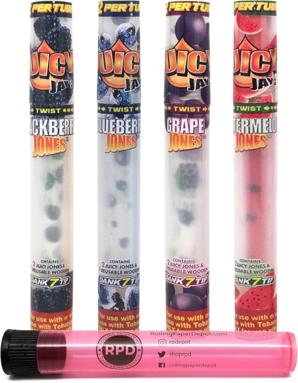 Bundle - 5 Items - Juicy Jay's Juicy Jones Pre-Rolled Cone Sampler Pack (1 Pack of 4 Flavors) with Authentic Rolling Paper Depot KewlTube
