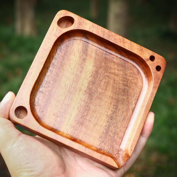 Rolling Tray Wooden 4.72"x 4.72" Portable Small Rlling Tray with Storage Hole and Dumping Path - Image 5