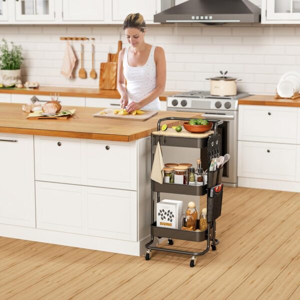 DTK 3 Tier Metal Utility Rolling Cart with Table Top and Side Bags, Tray Storage Organizer Wheels, Art Craft 4 Hooks for Kitchen Bathroom Office Living Room (Black) - Image 8