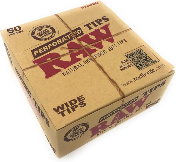 Raw Rolling Papers Perforated Wide Cotton Filter Tips Full Box Of 50 Packs