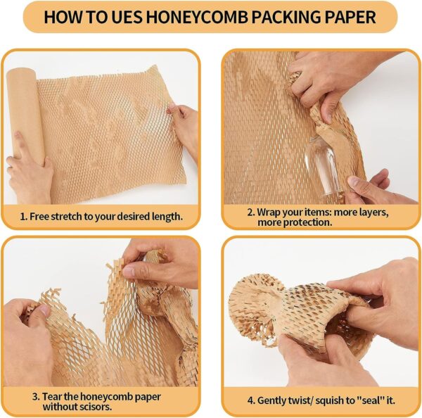Honeycomb Packing Paper, 15"x300' Honeycomb Cushioning Bubble Wrap Paper Roll for Moving Shipping Breakables Packaging Gifts with 20 Fragile Sticker Biodegradable & Fully Recyclable Brown Kraft - Image 5