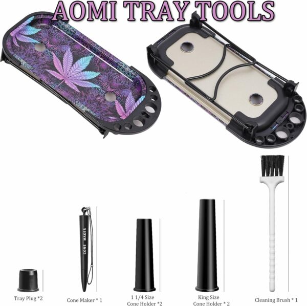 Foldable Metal Rolling Tray, Large Purple Multi-Purpose Folding Metal Tray, 9.4 x 4.13 inches Table Organizer Kit Including Tools Packer Brush Plugs Purple Leaf - Image 4